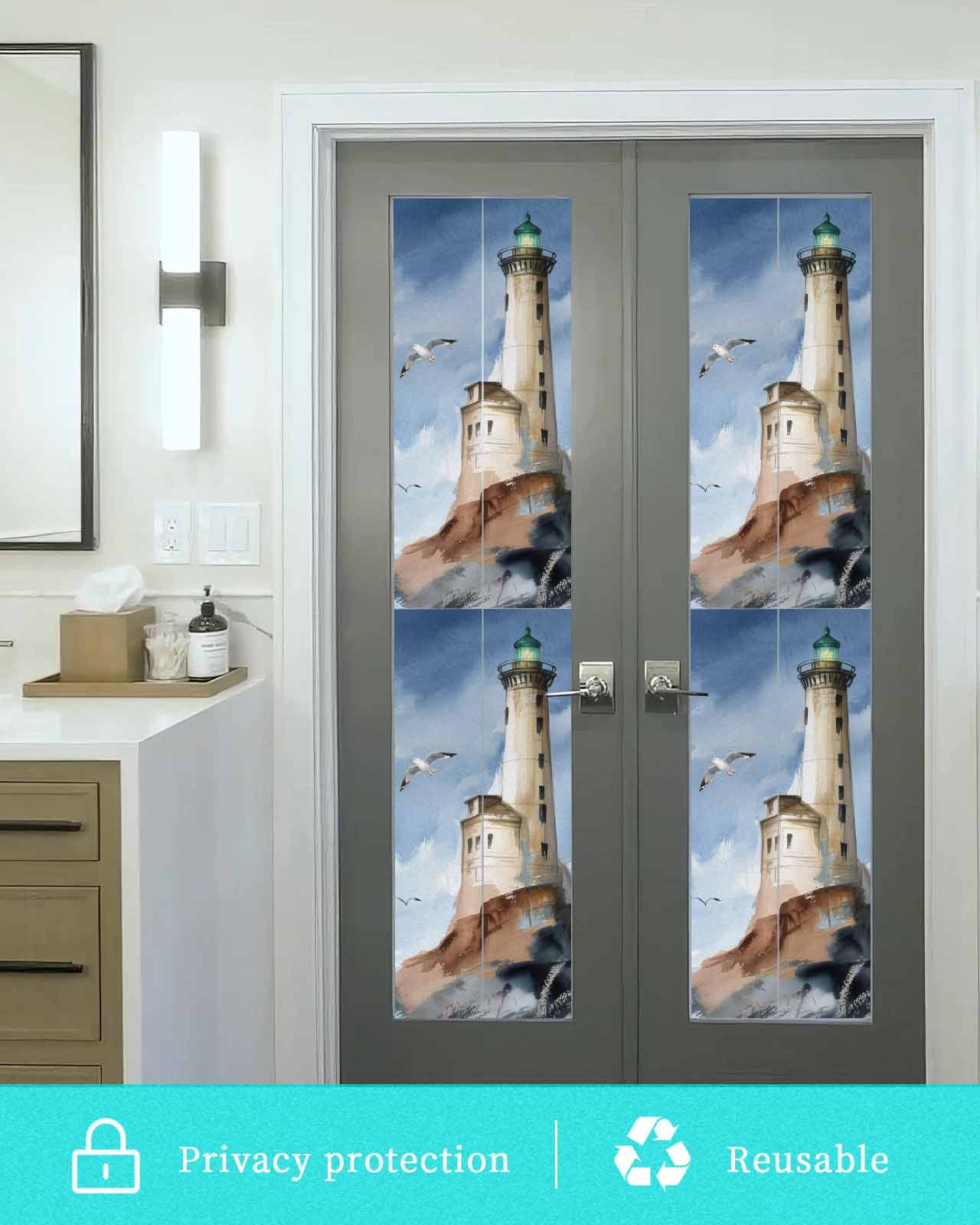 Window Privacy Film Beach Lighthouse Stained Glass Window Film Decorative Sun Block Window Cover Coastal Ocean Sky Birds Oil Painting Window Clings Static Adhesive Sticker for Bathroom 29.5"x118"