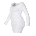 thumbnail image 4 of Robe Mini Moulante Blanche pour Femmes à Col Carré Plissée à Manches Longues, 4 of 6
