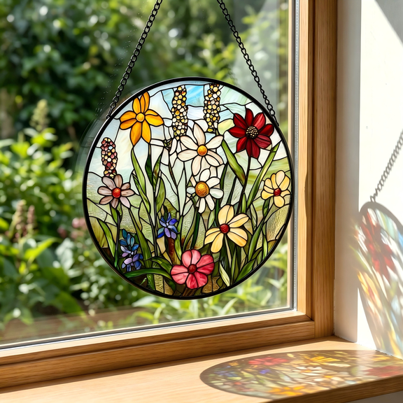 Stained Glass Window Hanging, Colorful Wildflowers Plant Scenery Suncatcher for Doors Window Home White Green Sun Catchers Decor7.87in
