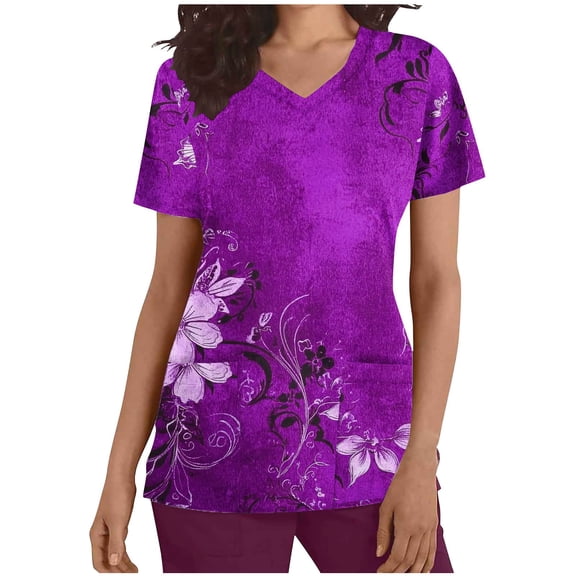 Kilaqueen Scrubs for Women Floral Print V Neck Short Sleeve Everyday Nursing Shirt Casual Relaxed Fit Uniform Shirts