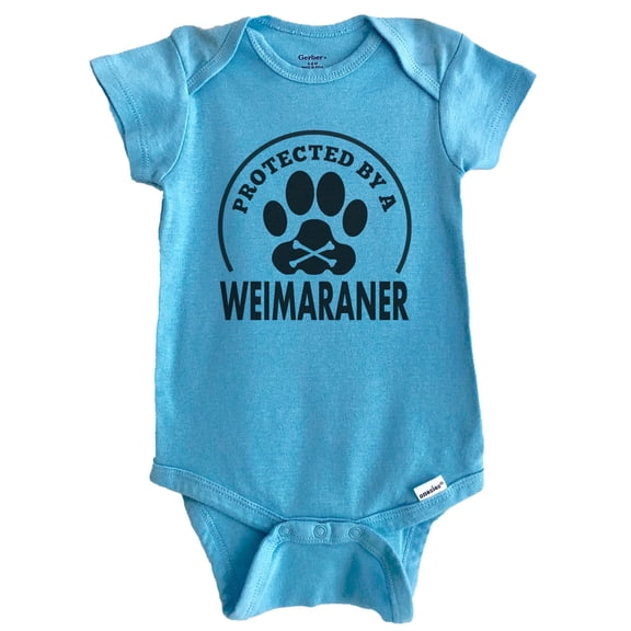 Protected By A Weimaraner Funny Baby Bodysuit (Blue)