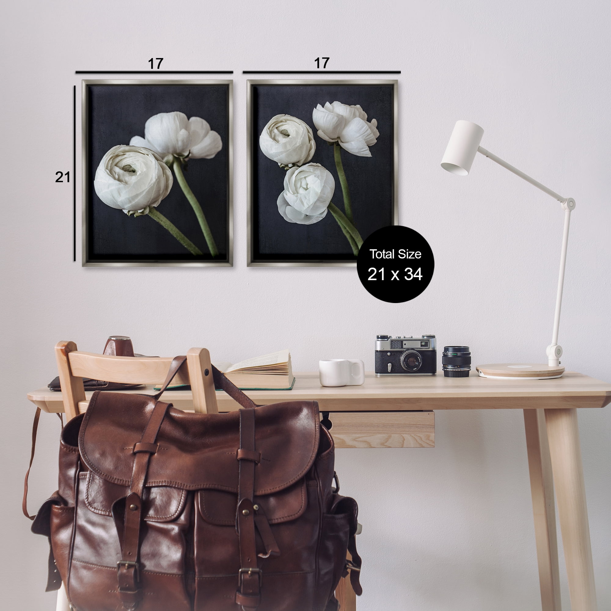 Stupell Industries Simple Black & White Peony Plants & Flowers Photography Gray Floater Framed Canvas Art Print Wall Art, 17 x 21, Set of 2