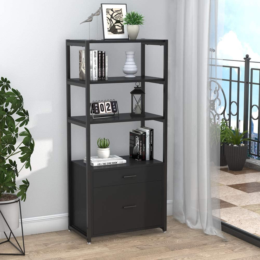 Bookcase Bookshelf, 4-Tier Modern File Cabinet with 2 ...
