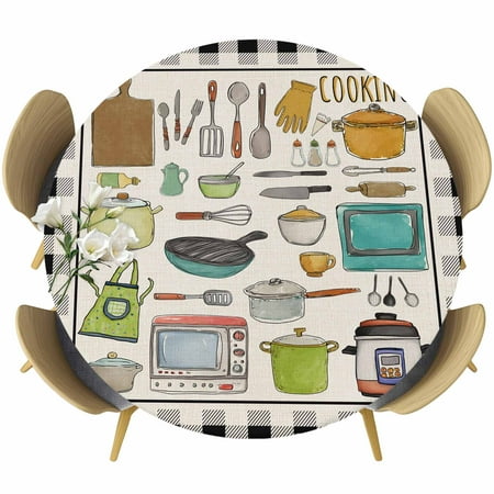 Kitchenware Round Tablecloth Fitted Table Cover with Elastic for 36 -44 Round Tables Vintage Kitchen Cooking Tool White Black Checkered Table Cloth Outdoor Dinning Party Waterproof Tablecloths