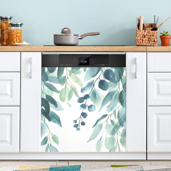 Eucalyptus Leaves Watercolor Dishwasher Magnet Cover Reuseable Refrigerator Magnet Cover Decal Fridge Microwave Stickers Hoilday Party Decor 23 x 26 Inch
