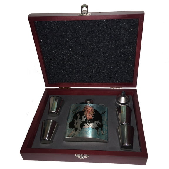 KuzmarK 6 oz. Stainless Steel Flask Set in Rose Wood Presentation Box -  Flying Angel Pig Animal Art by Denise Every