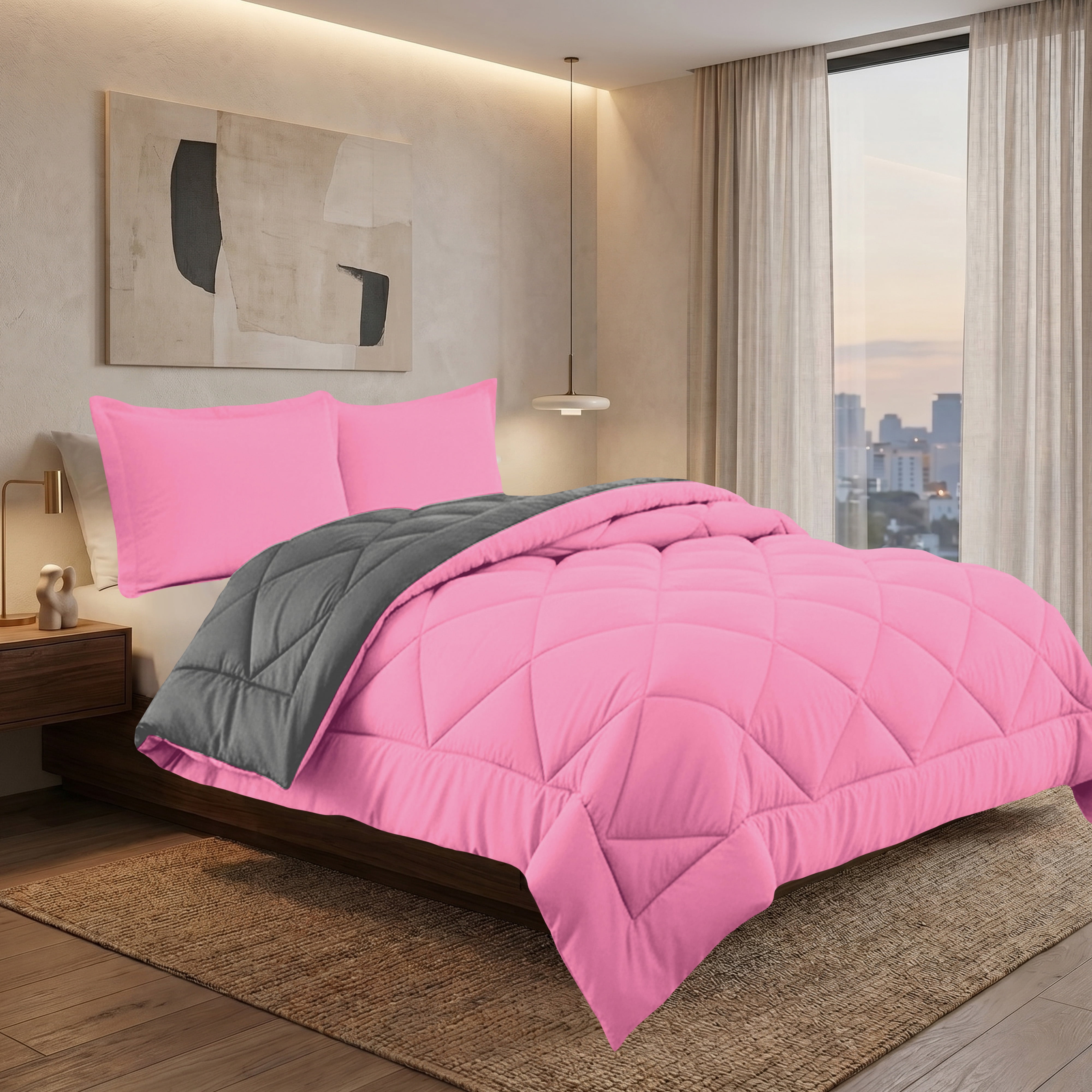 Elegant Comfort Reversible Down Alternative Comforter Set, Soft Microfiber All-Season Bedding, Lightweight Wrinkle & Fade Resistant Comforter, Twin/Twin XL, Pink/Gray
