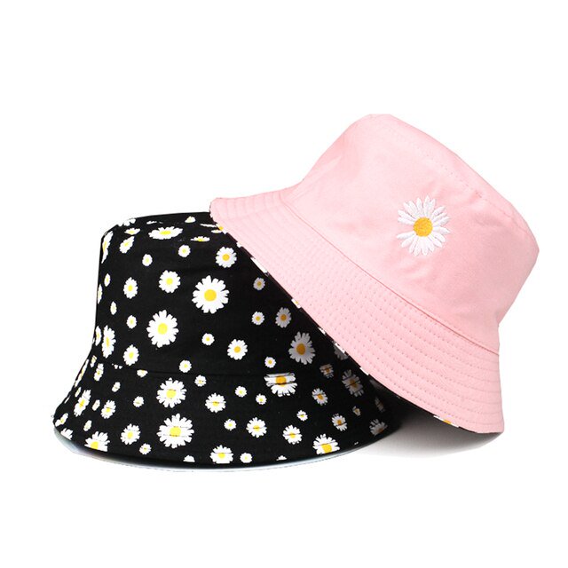 Summer Double-Sided Daisy Bucket Hats Women's Embroidery Hip Hop Panama Bob Caps Folded Beach Sun Fisherman Hat for Ladies Mens qym unisex