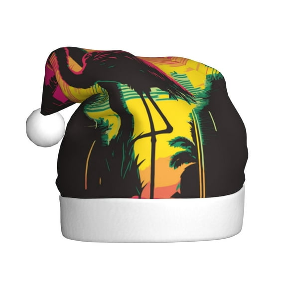 Fuzoiu Flamingo And Palm Trees At Sunset Print Santa Hat Christmas Hat for Adults,Santa Hats with Pompom, Unisex Xmas Holiday Hat for Christmas New Year Festive Party Supplies
