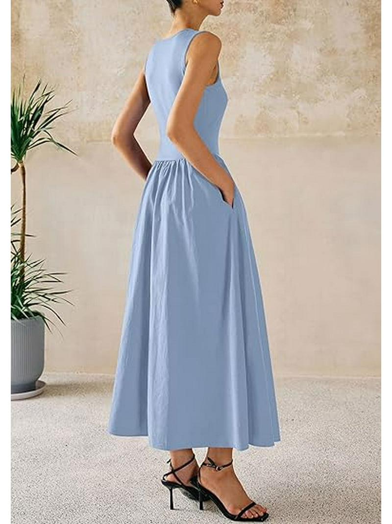 Prettygarden Women Maxi Dresses Summer Casual Sleeveless Patchwork Knit Tank Dress Flowy Beach Sundress Long Dress, Women's, Size: Medium, Blue
