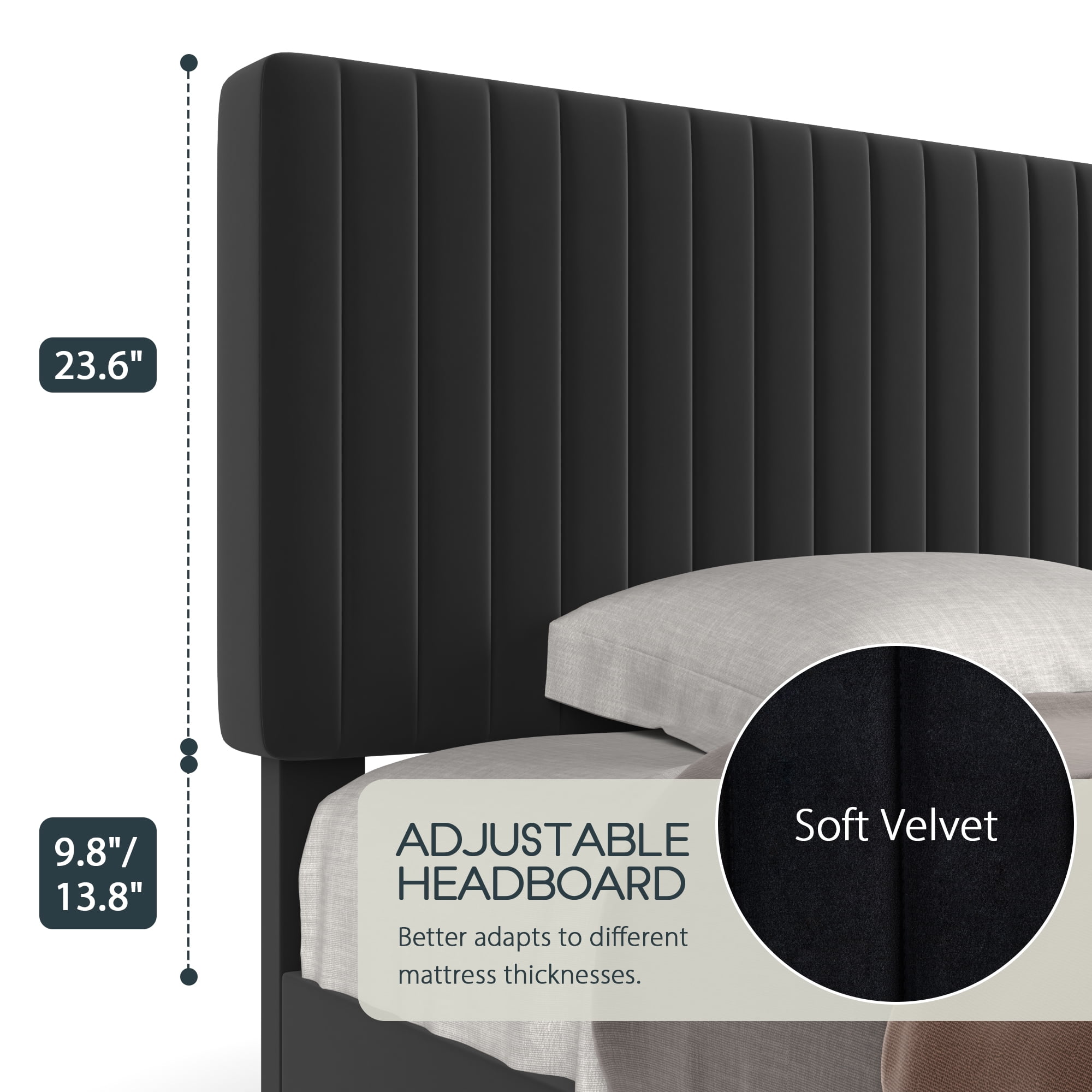 Einfach Queen Size Platform Bed Frame with Upholstered Adjustable Velvet Vertical Tufted Headboard, Black