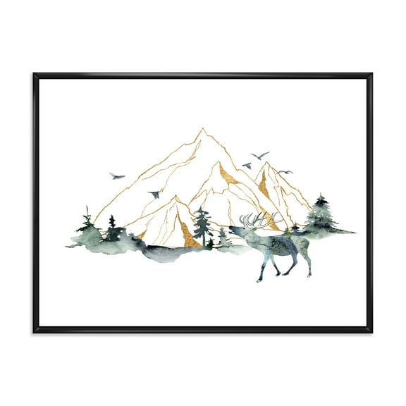 Designart 'Minimalistic Landscape of Forest Deer and Mountains' Modern Framed Canvas Wall Art Print