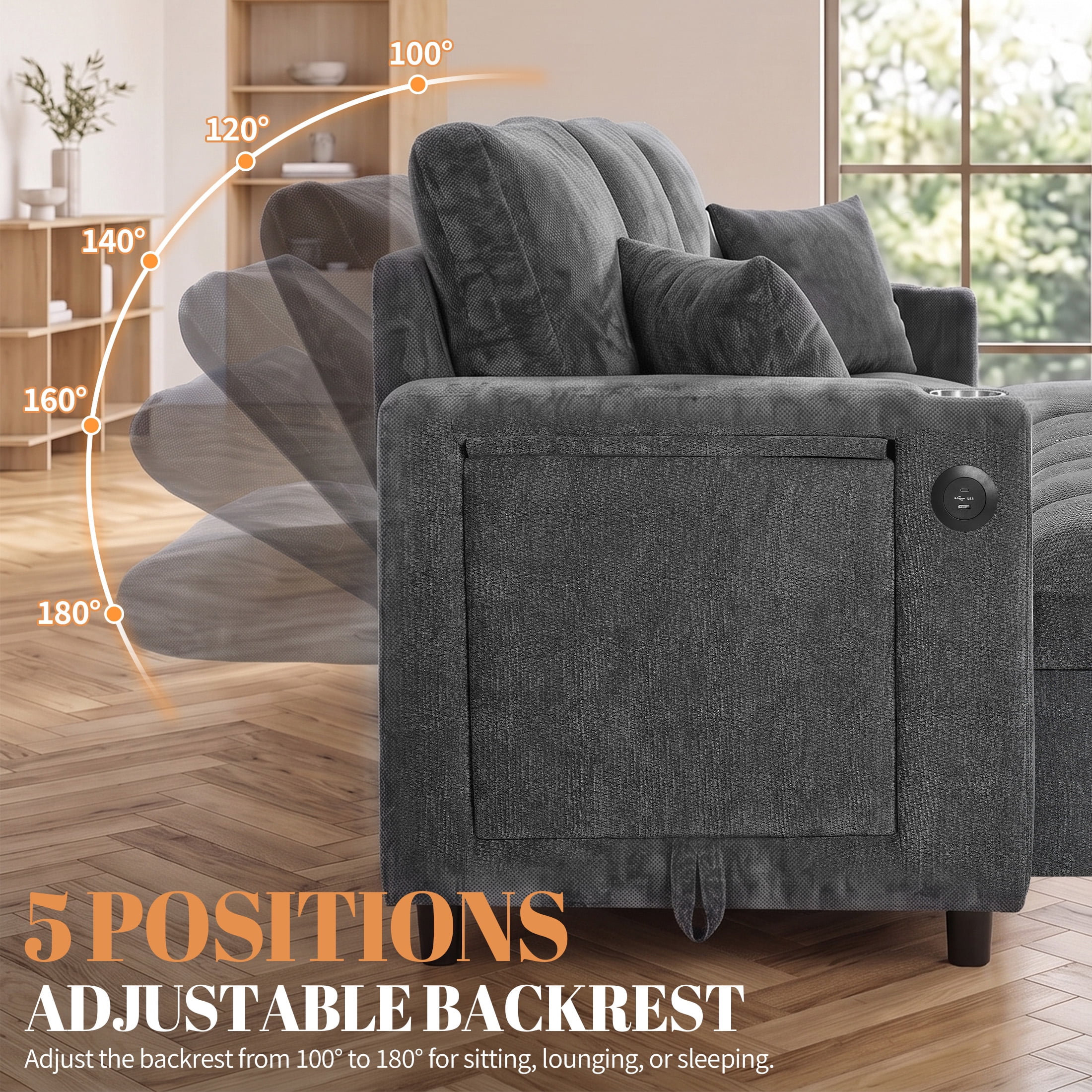 Aukfa 108" U Shaped Sleeper Sectional Sofa with Pull Out Bed, Chenille Convertible Sofa, Storage Chaise, USB/Type-C Ports & Side Table, Gray