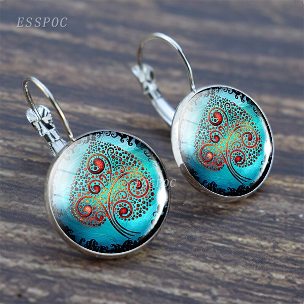 Pendientes de árbol de la vida de Color plateado, pendientes de Francia a la moda para mujer, pendientes de gancho, cabujón de cristal de árbol de la vida, joyería para niña, regalo Tan Jianjun unisex