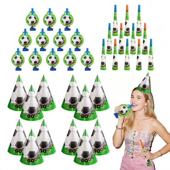 Soccer Party Supplies Set, 36pcs Football Themed Birthday Set - 12 Soccer Birthday Hats, 12 Blowers & 12 Horns Fun Birthday Decorations for Team Party Favors