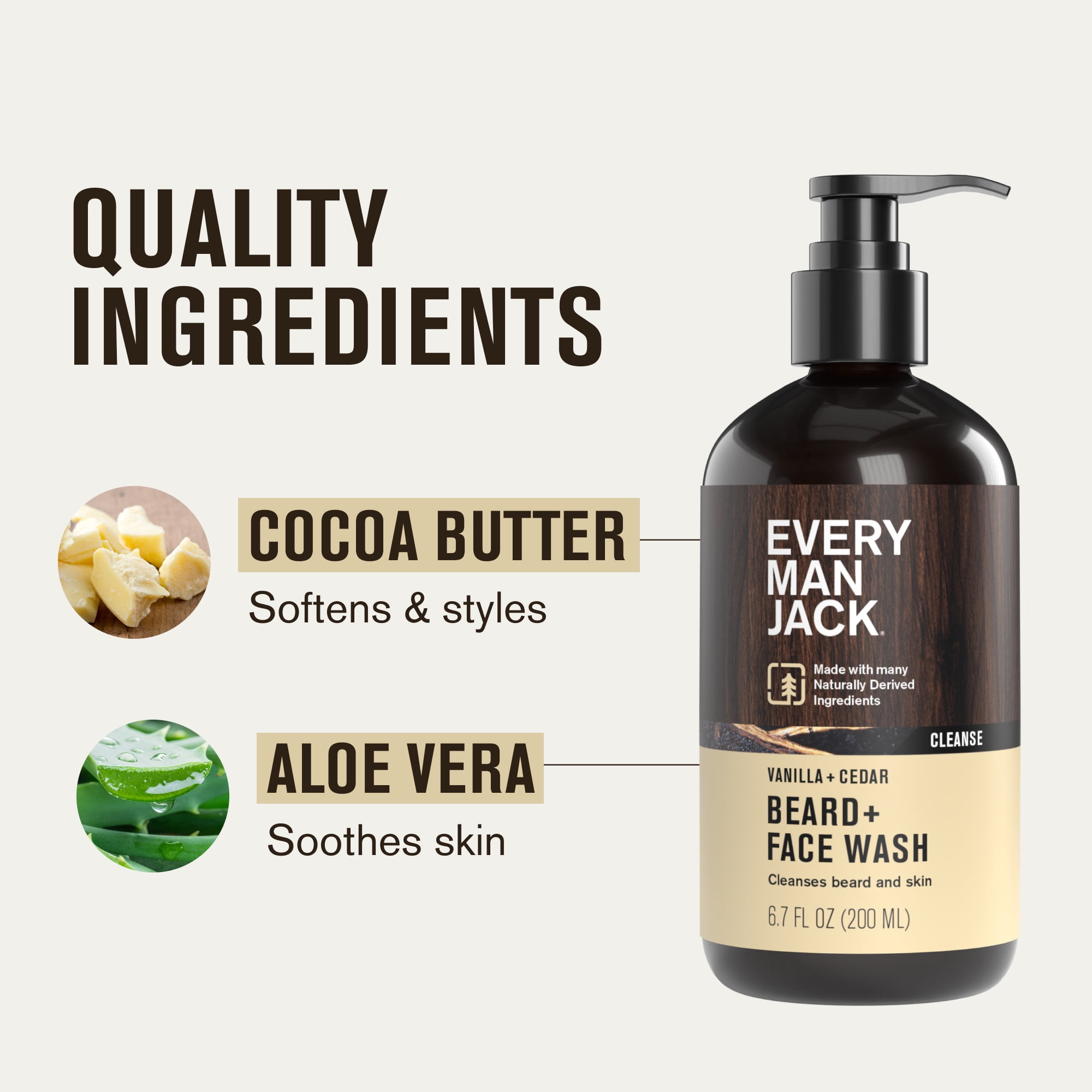 Every Man Jack Beard + Face Wash - Vanilla & Cedar Fragrance - Cleans & Softens Your Beard and Skin - Naturally Derived w/ Aloe and Glycerin- 6.7 fl oz