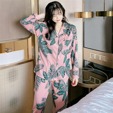 

Promotion Clearance!Fashion Leaf Print Loose Casual Suit Home Service Button Cardigan Suit Pajamas Two-piece