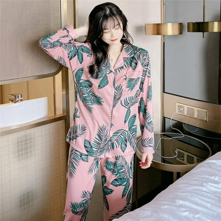 

[Brand Clearance!]Fashion Leaf Print Loose Casual Suit Home Service Button Cardigan Suit Pajamas Two-piece