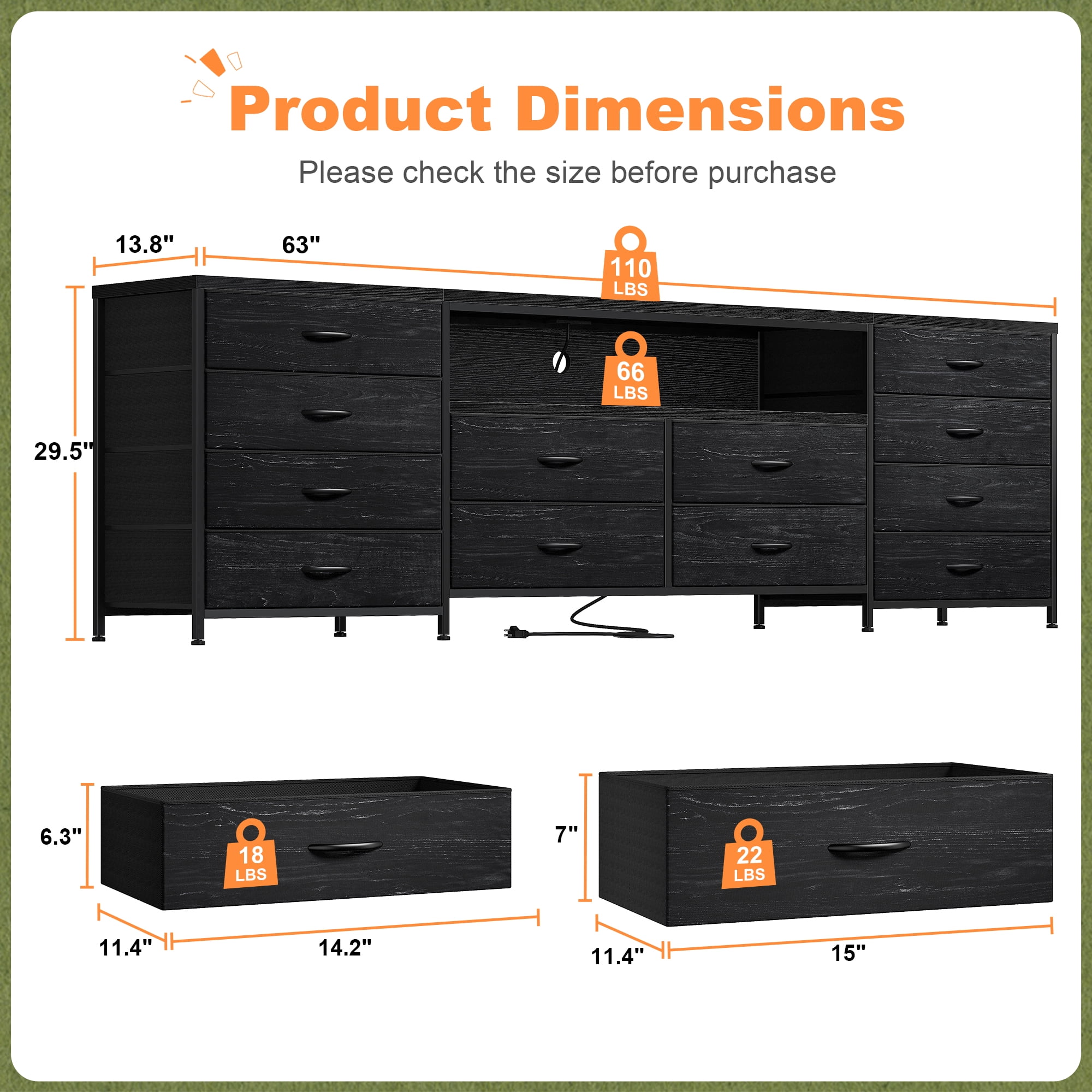 63" W 12-Drawers Dresser TV Stand for 65/70/75 Inch TVs, Black Entertainment Center with LED Lights & Power Outlets,Fabric Drawers for Bedroom,Living room