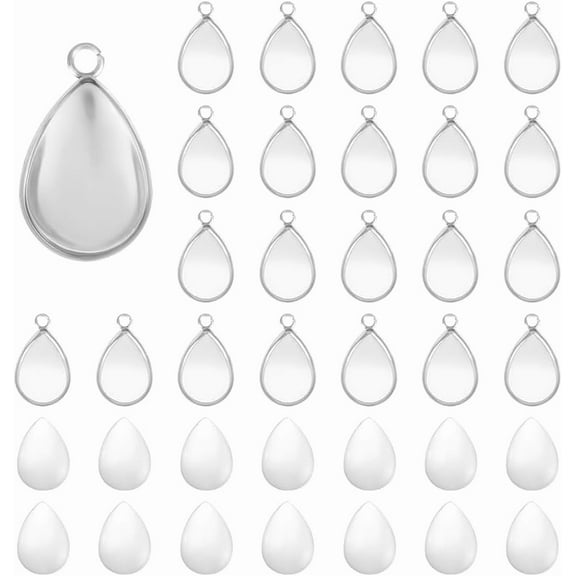 1box 60 Sets 304 Stainless Steel Blank Bezels Teardrop Pendant Making Kit Oval Border Glass Cabochon Tray Charm Hole 1.6mm for Necklace Bracelet Making