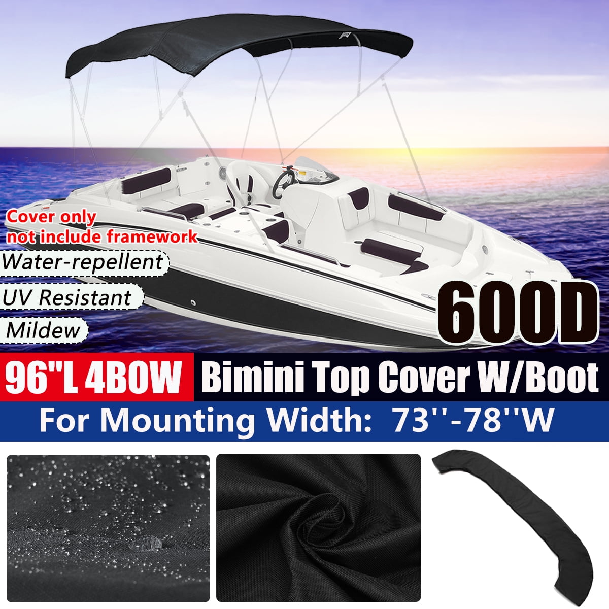 3 Bow 72" Boat Bimini Top Replacement Canvas Cover with Boot without frame gray 