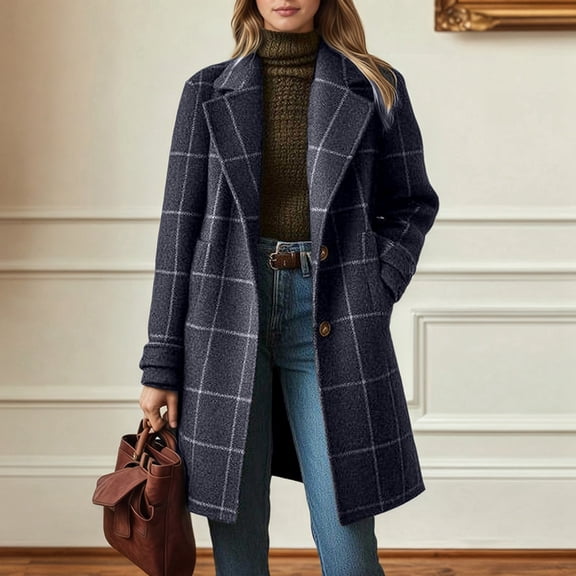 Women's Winter Notched Collar Plaid Wool Blend Trench Coat Plus Size Mid-Length Peacoat Color Grey Size XXXXXL