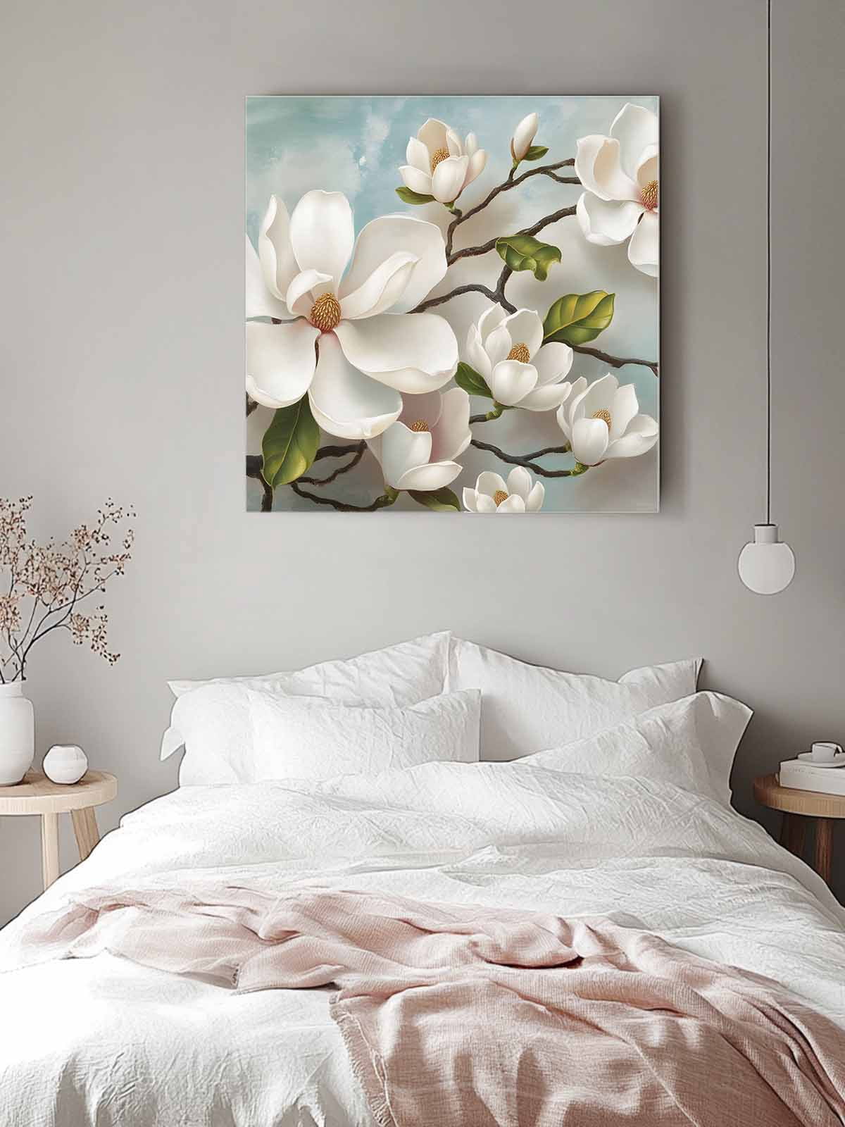 Magnolia Farmhouse Canvas Wall Art, White Floral Vintage Pastoral Botanical Framed Wall Decor Modern Artwork Prints Painting for Living Room, Bedroom, Kitchen & Cafe Decor 28x28 Inch