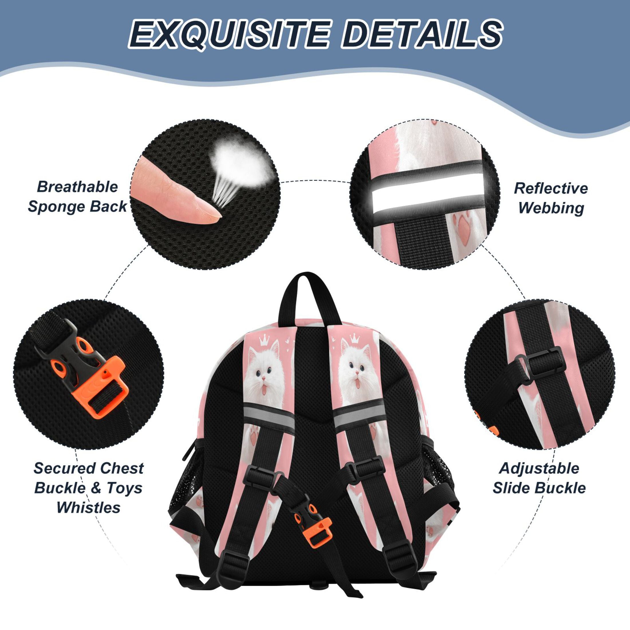 RMDQTR Adorable Ear-Print Backpack with Reflective Strip and Anti-Lost Leash Adjustable Shoulder Straps Mini Travel Backpack Happy White Cat Face
