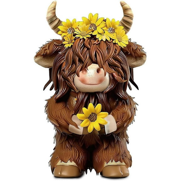 Spring Highland Cow Decor Brown Resin Figurine Cow Farmhouse Tiered Tray Summer Outdoor Garden Decor Highland Cow Bathroom Decorations Calf Gnome Herd Gifts(Daisy Flower)