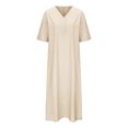 thumbnail image 4 of Usmixi Womens Dresses Beach Casual Loose Comfy Cotton Linen Long Sundress Fashion Solid V-Neck 3/4 Sleeve Maxi Summer Dress Khaki s, 4 of 6