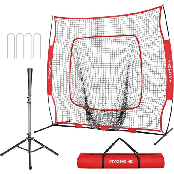 SPECSTAR 7x7Ft Baseball Softball Practice Net with Strike Zone Target Tee and Carry Bag, Red