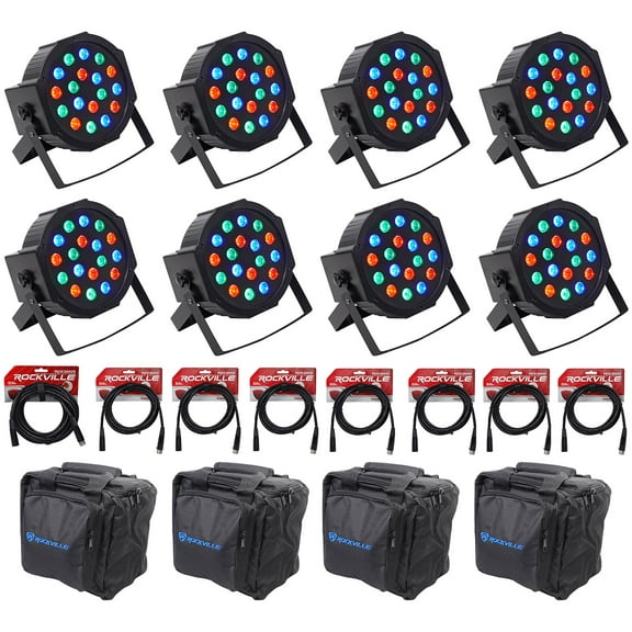 (8) Rockville RockPAR50 LED RGB Par Can DJ/Club DMX Wash Lights Cables Bags