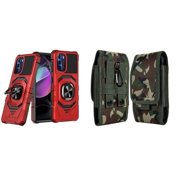 Case with Belt Holster Bundle for Moto G Stylus 5G 2022: Heavy Duty Shield Cover (Red) and Vertical Rugged Nylon Phone Pouch (Green Camo)