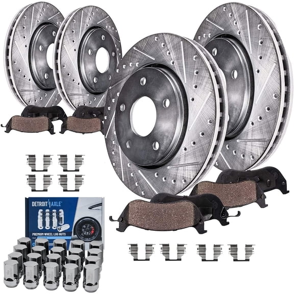 Detroit Axle - Brake Kit for 2006-2010 Dodge Ram 1500 2007-2009 Durango 2009 Chrysler Aspen, Drilled & Slotted Disc Brake Rotors Ceramic Brake Pads w/Hardware Wheel Lug Nuts Replacement