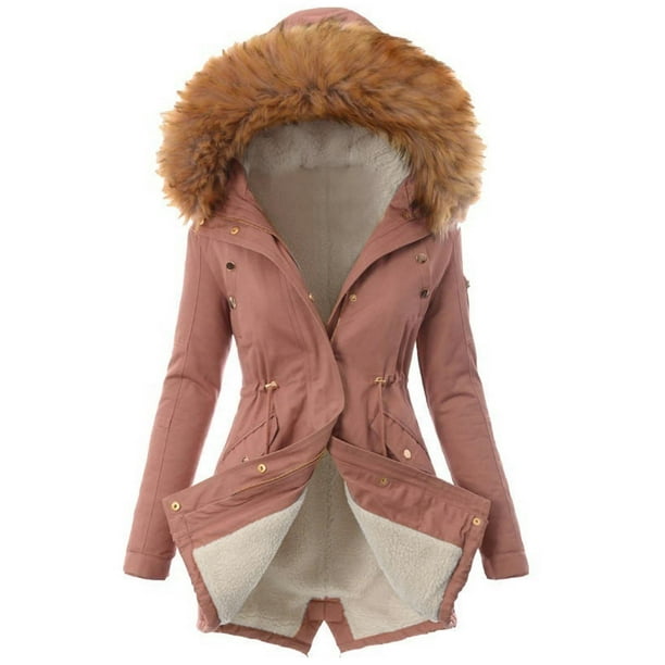 Womens Coats And Jackets Clearance Womens Ladies Warm Jacket Winter Solid  Turn Coat Hooded Collar Lambswoo Outerwear Pink S JCO 