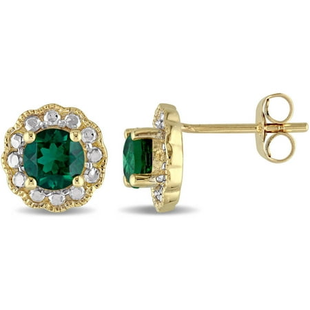 Tangelo 1 Carat T.G.W. Created Emerald 10kt Yellow Gold Halo Stud Earrings