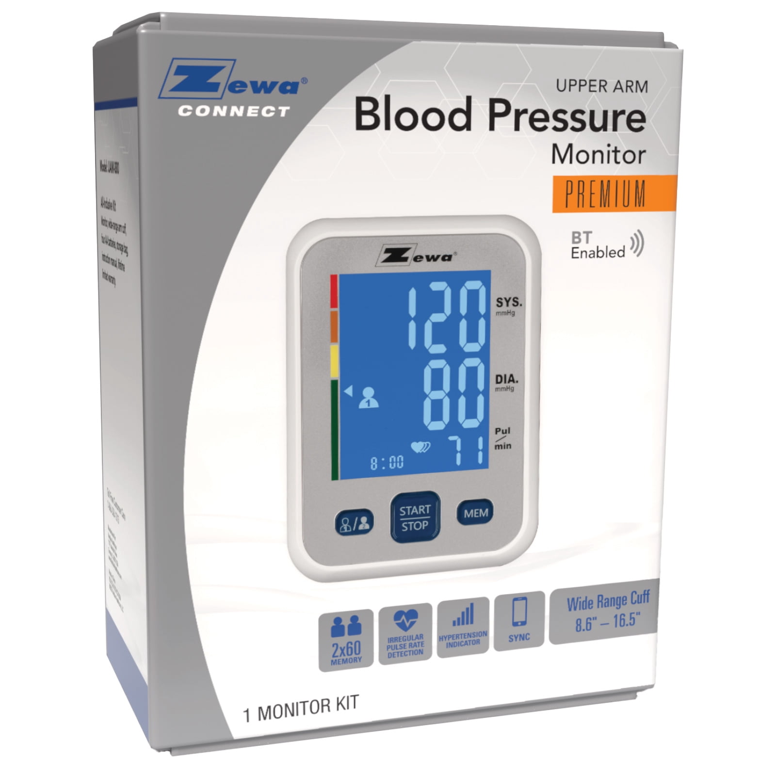 Zewa Smart Arm Blood Pressure Monitor | 60-Reading Memory | 2 Adjustable Cuffs (8.7”-16.5” & 13.4”-18.9”) | Irregular Heartbeat Detection | Illuminated Display | Date & Time Function