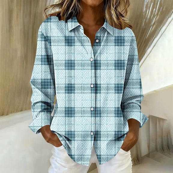 YHAJDS Womens Tops Plaid Print Breasted Long Sleeve Spring Summer Casual Shirt