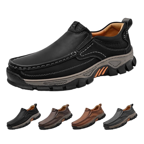 Men's Outdoor Slip On Loafers,Comfort Hand-Stitching Leather Elastic Non-Slip Arch Support Travel Hiking Walking Shoes