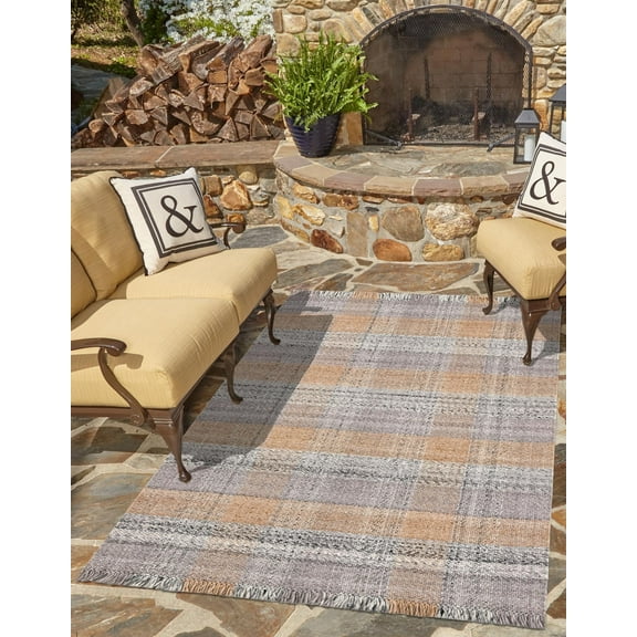 Unique Loom Eco Plaid Indoor Outdoor Washable Collection Area Rug - Balmoral (6' 1" x 9' Rectangle Desert Gray/Natural)