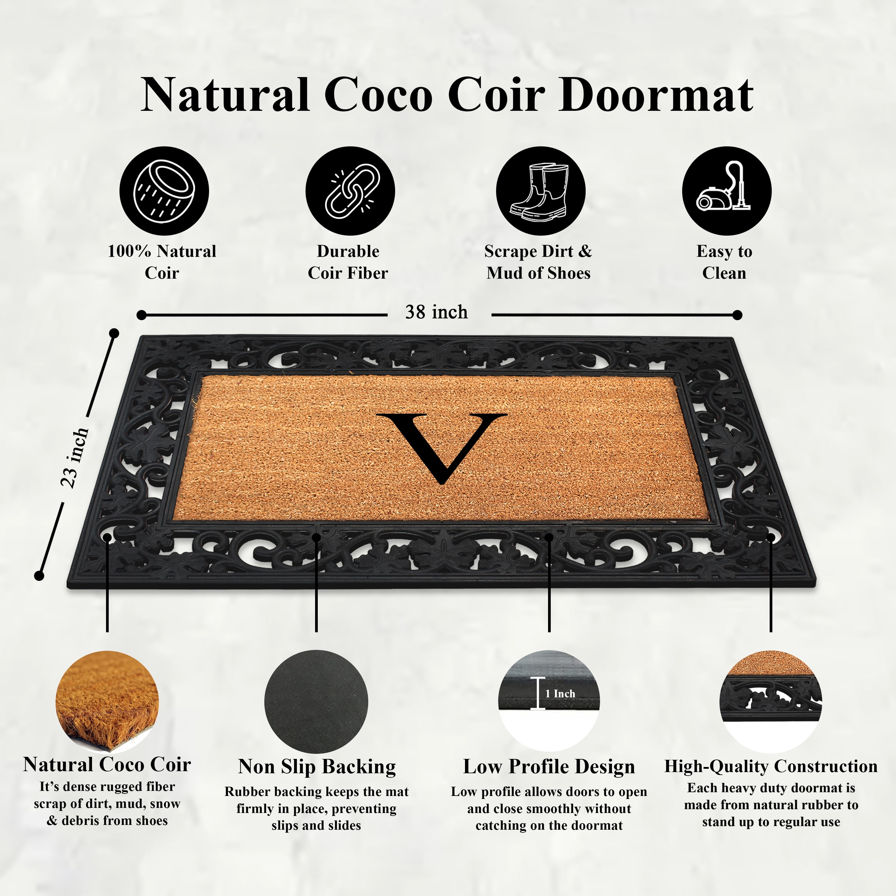 A1 Home Collections Rubber Coir Doormat Outdoor Entrance Floor Entryway Mat, Beige/Black, 23"x 38"