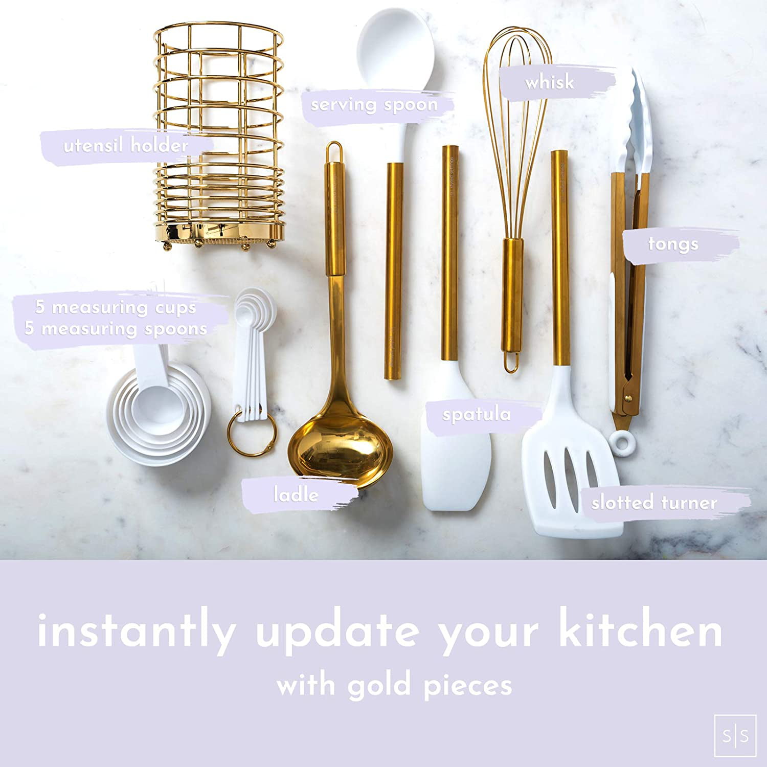 White Silicone and Gold Cooking Utensils Set with Holder Gold Spatula White Kitchen Utensils and Gold Utensil Holder 7 PC Gold Kitchen Utensils Set Includes Gold Whisk Gold Kitchen Accessories