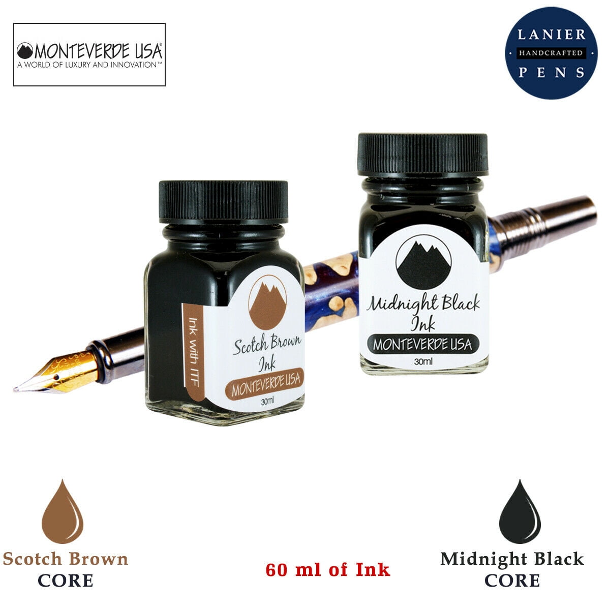 Monteverde 60ml Core Fountain Pen Ink Bottle (30ml Scotch Brown Ink Bottle G309SB, 30ml Midnight Black Ink Bottle G309MB)