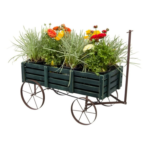 Shine Company Decorative Buckboard Wagon Garden Planter, Wooden Wagon Yard DÃ©cor for Outdoor Plants, Green