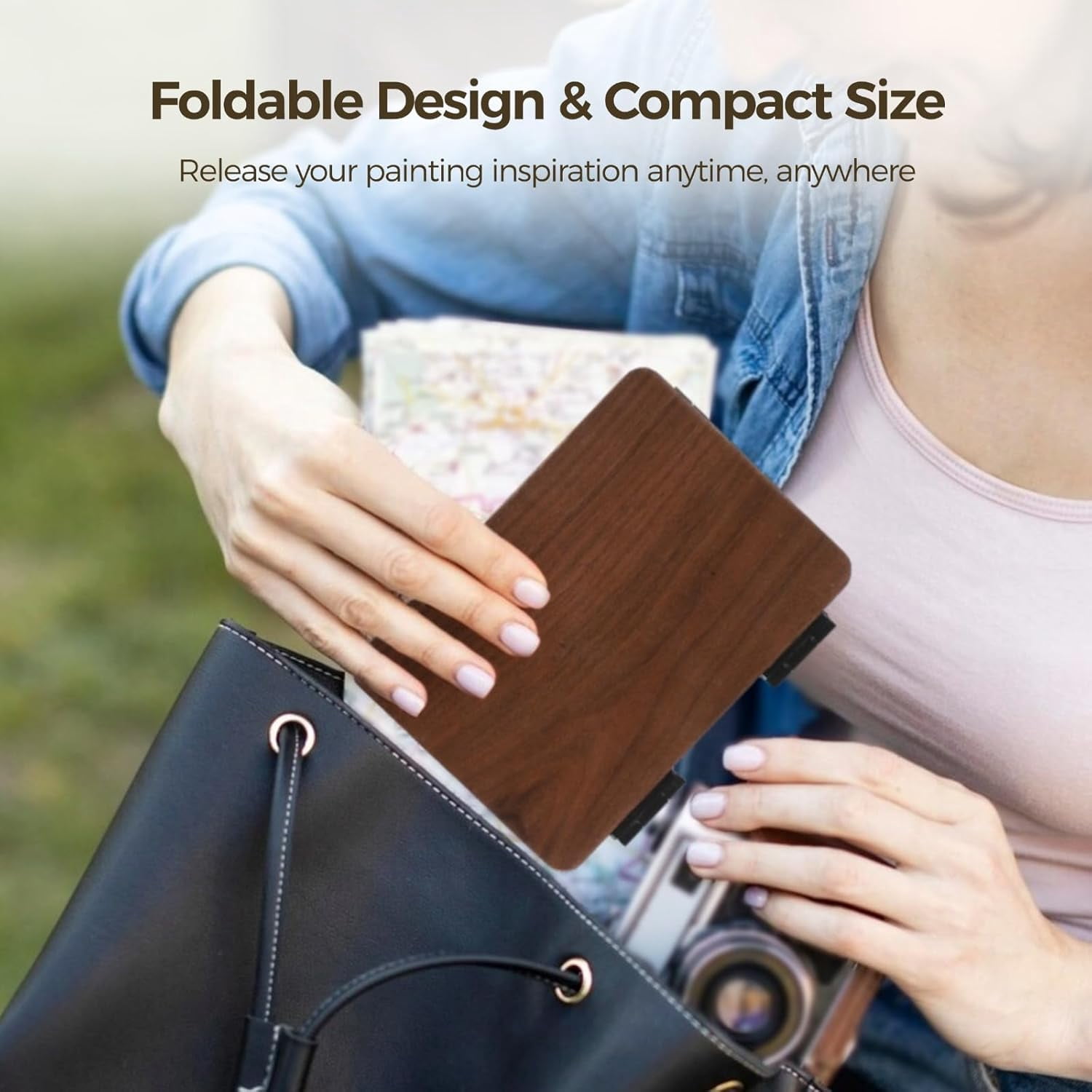 Portable Watercolor Palette, Travel Watercolor Palette 24 Grids Foldable with 2pcs Sable Travel Watercolor Brushes, Portable Walnut Wood Palette Box for Plein Air Painting