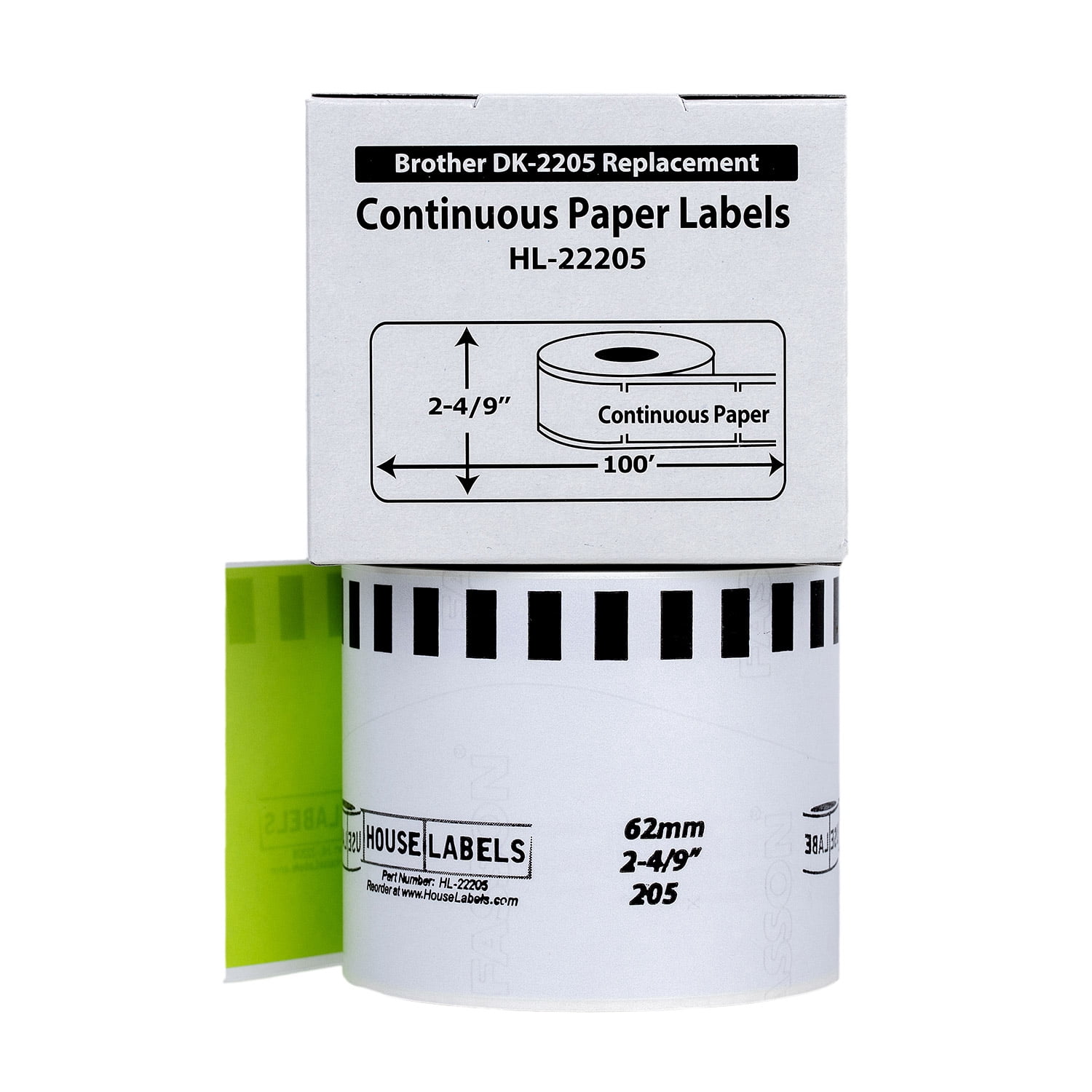 HOUSELABELS Compatible with DK-2205 Replacement Roll for Brother QL Label Printers; GREEN Continuous Length Labels; 2-4/9" x 100 feet (62mm*30.48m) - 32 Rolls