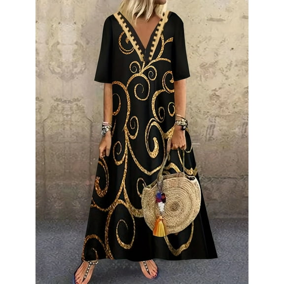 Plus Size Casual Dresses, Women's Plus Size Floral Print Short Sleeve V Neck Loose Maxi Dress