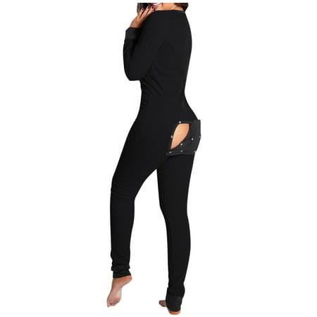

ZXHACSJ Ladies Casual Long-sleeved Solid Color Detachable Button Flap Adult Pajamas One-piece Black S