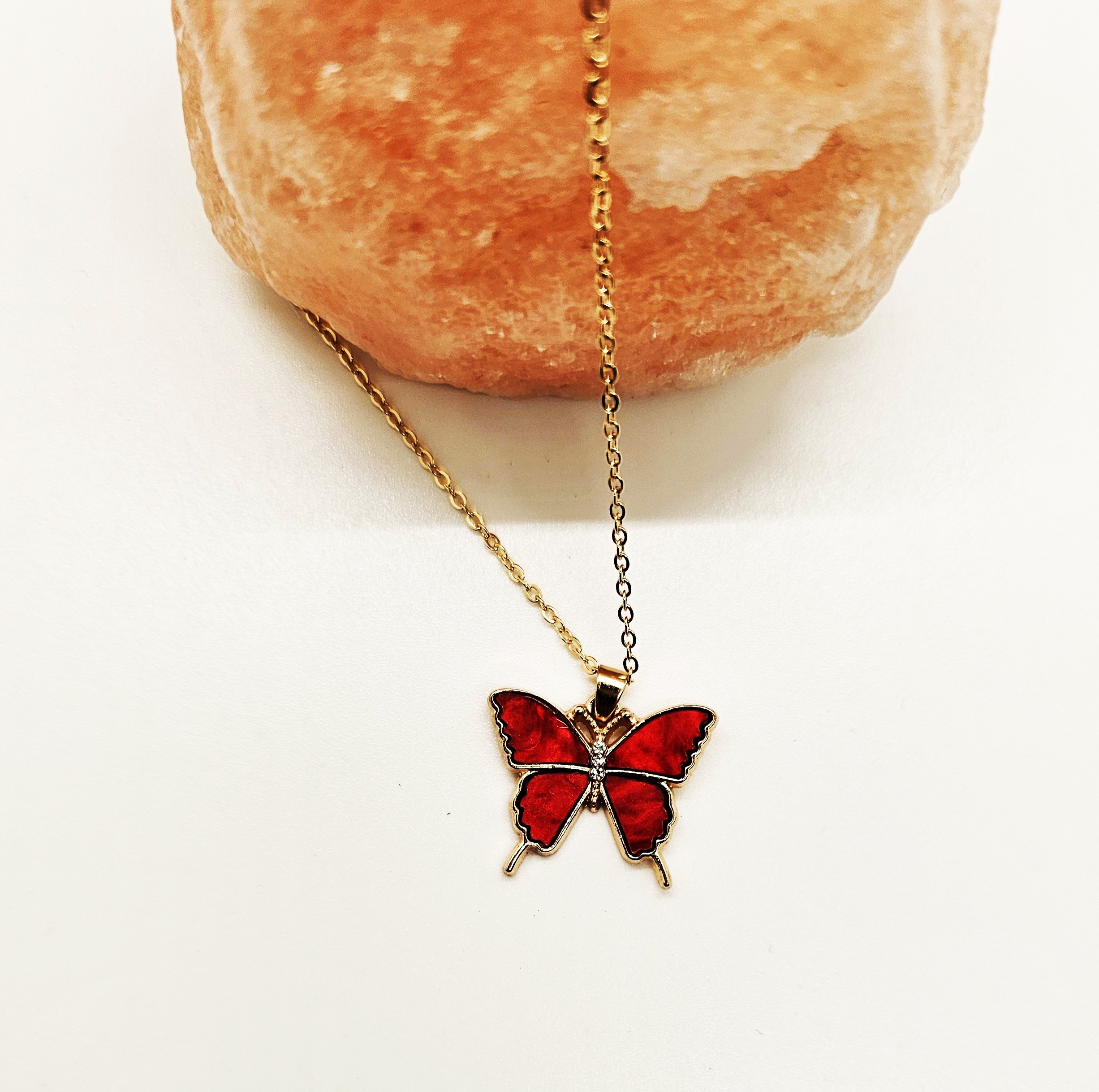 Omodo Red Enamel Butterfly Pedant, Necklace, Gold Tone