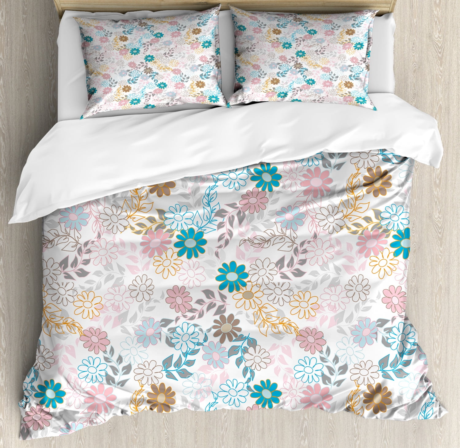 Floral Queen Size Duvet Cover Set, Cute Pastel Daisies and Leaves Blooming Retro Style Foliage